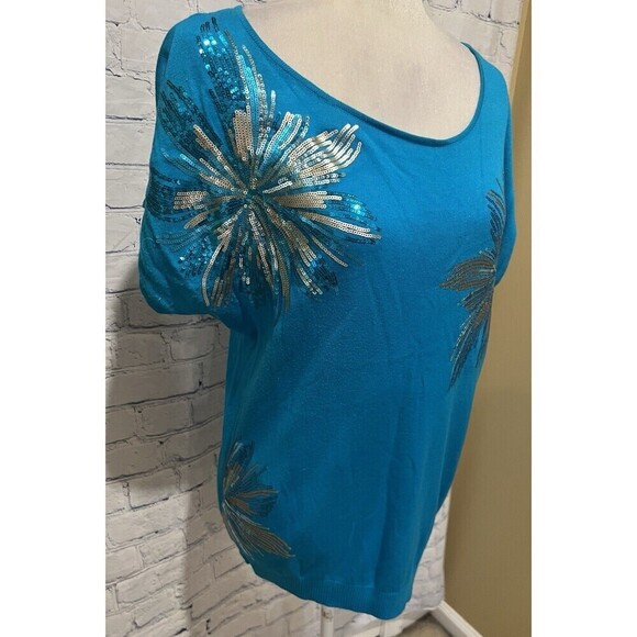 INC International Concepts Women's Blue Floral Sequin Knit Top Size XL - Picture 2 of 7